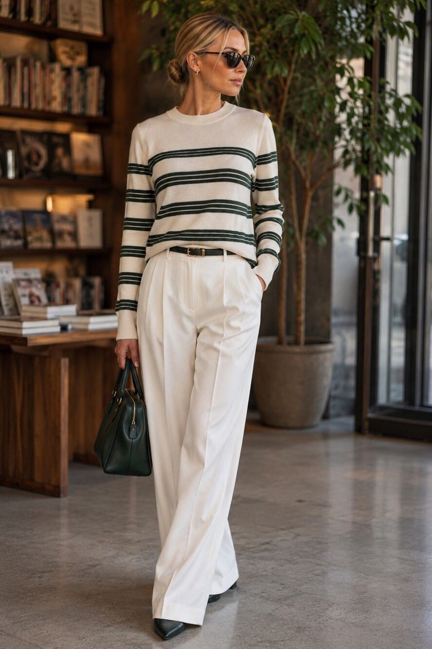 Veronica Beard Zareen Striped Merino Wool Cream & Green Classic Crew Sweater S
